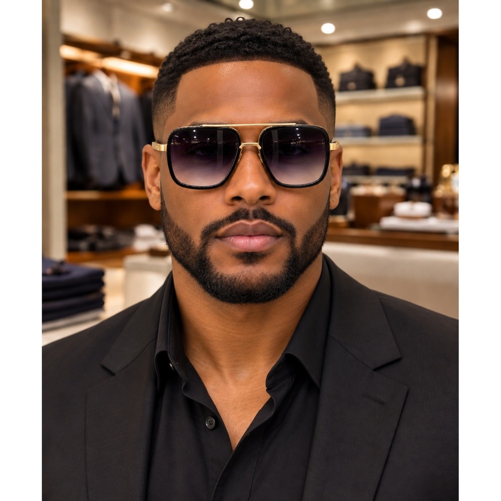 Sunglasses Men Punk Premium Cool Square Double Bridge Black & Gold Shades‎